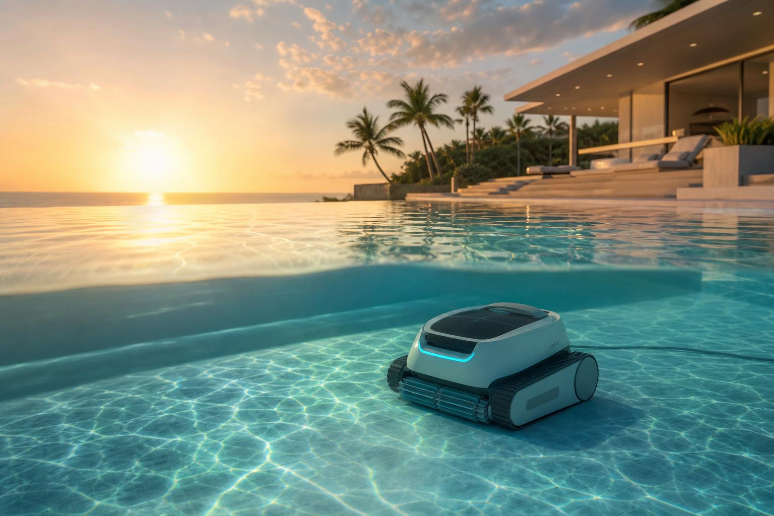 Piscine de luxe au coucher du soleil avec robot de nettoyage moderne en action