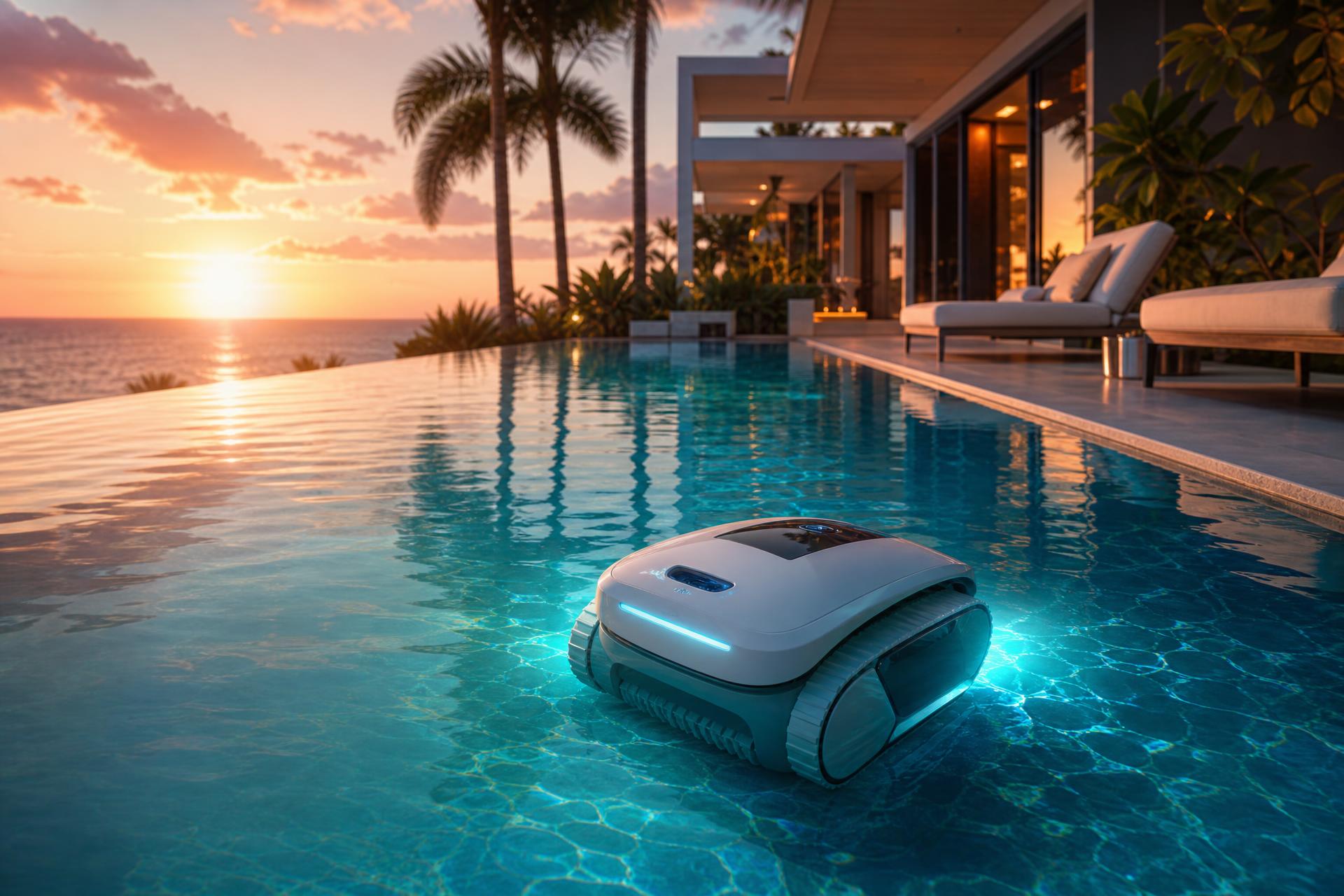 Piscine de luxe au coucher du soleil avec robot de nettoyage moderne en action